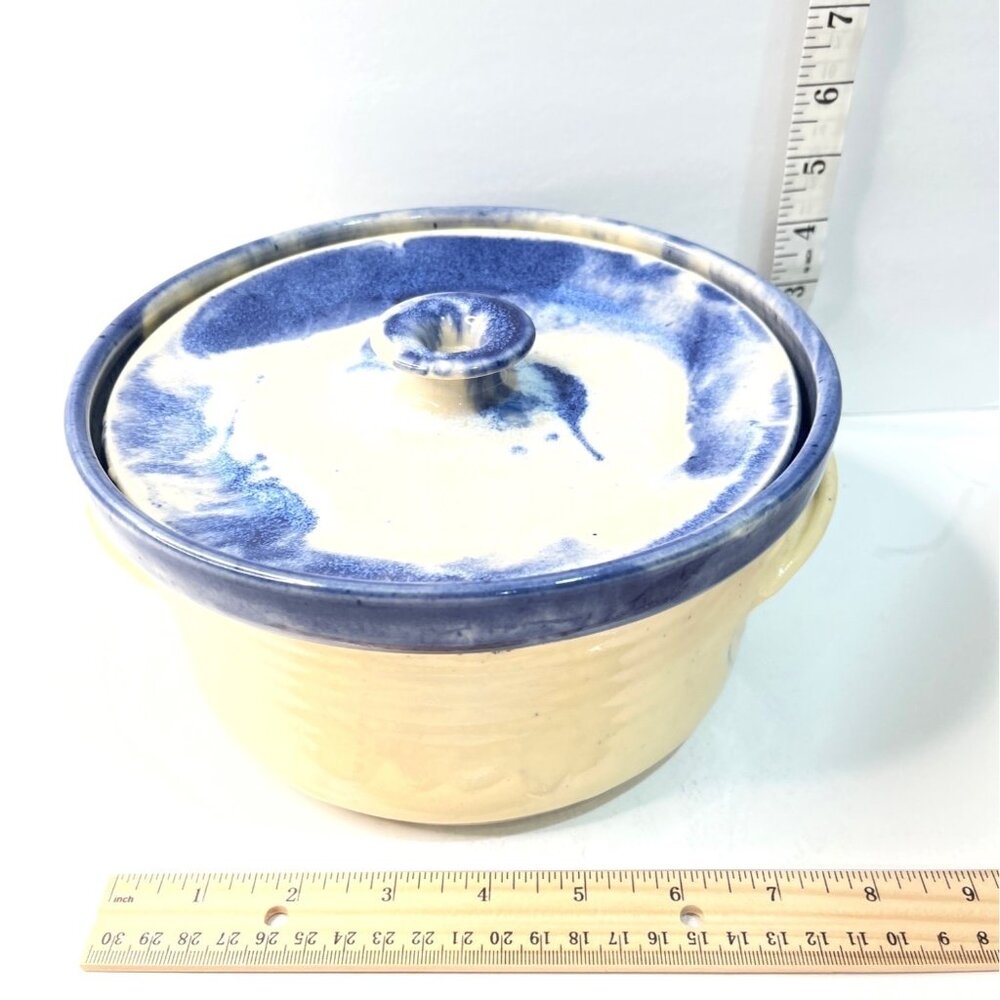 Handmade Ceramic Blue & Cream Stoneware Casserole Dish With Lid 8" Diameter - Picture 4 of 10